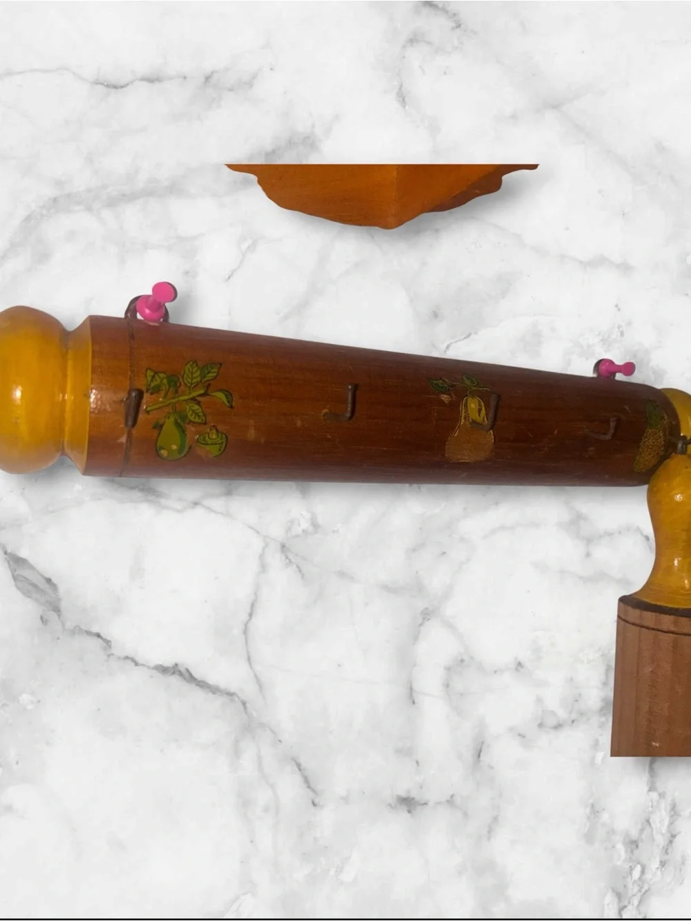 vintage 1940s–1950s wooden rolling pin wall rack and matching rolling pin